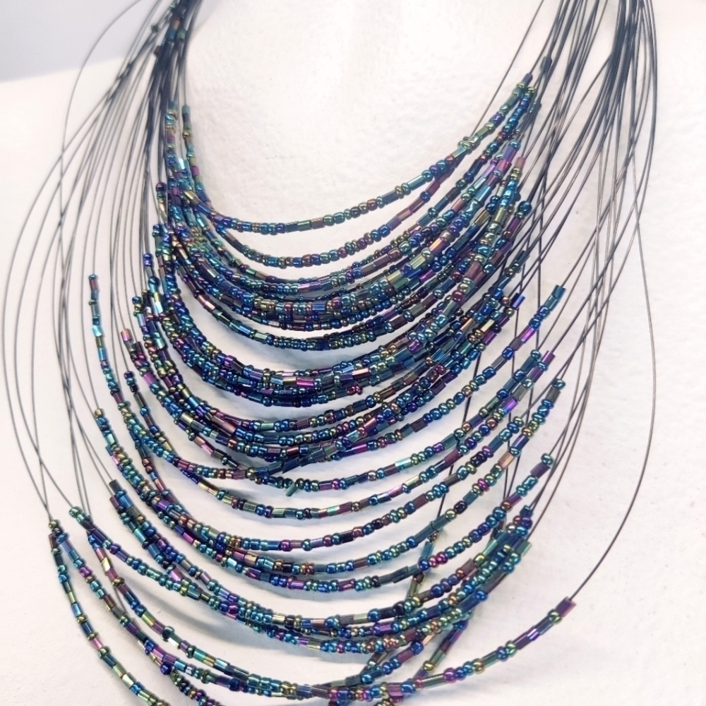 Iridescent Multi-Strand Bead Necklace | Black Wire Multicolor Layered Statement